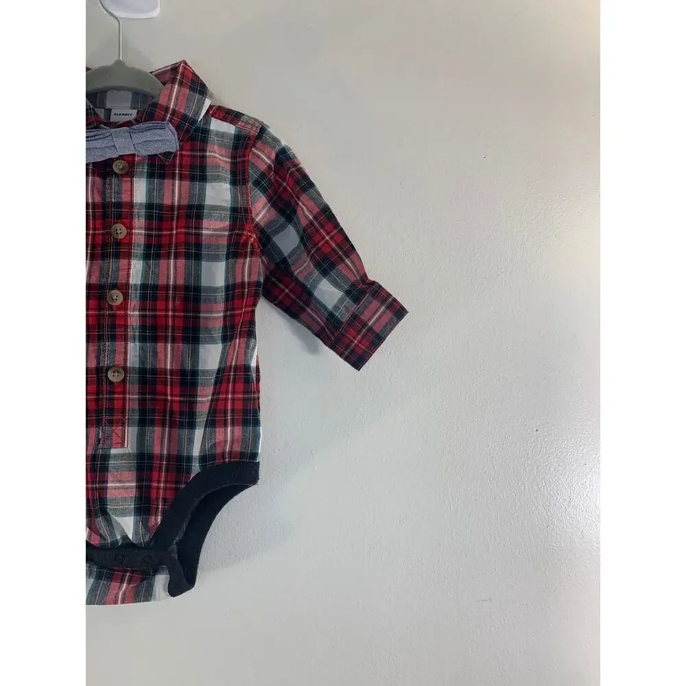 OLD NAVY Boy’s Holiday Plaid with Bow Tie One Piece / Size: 3-6 Months